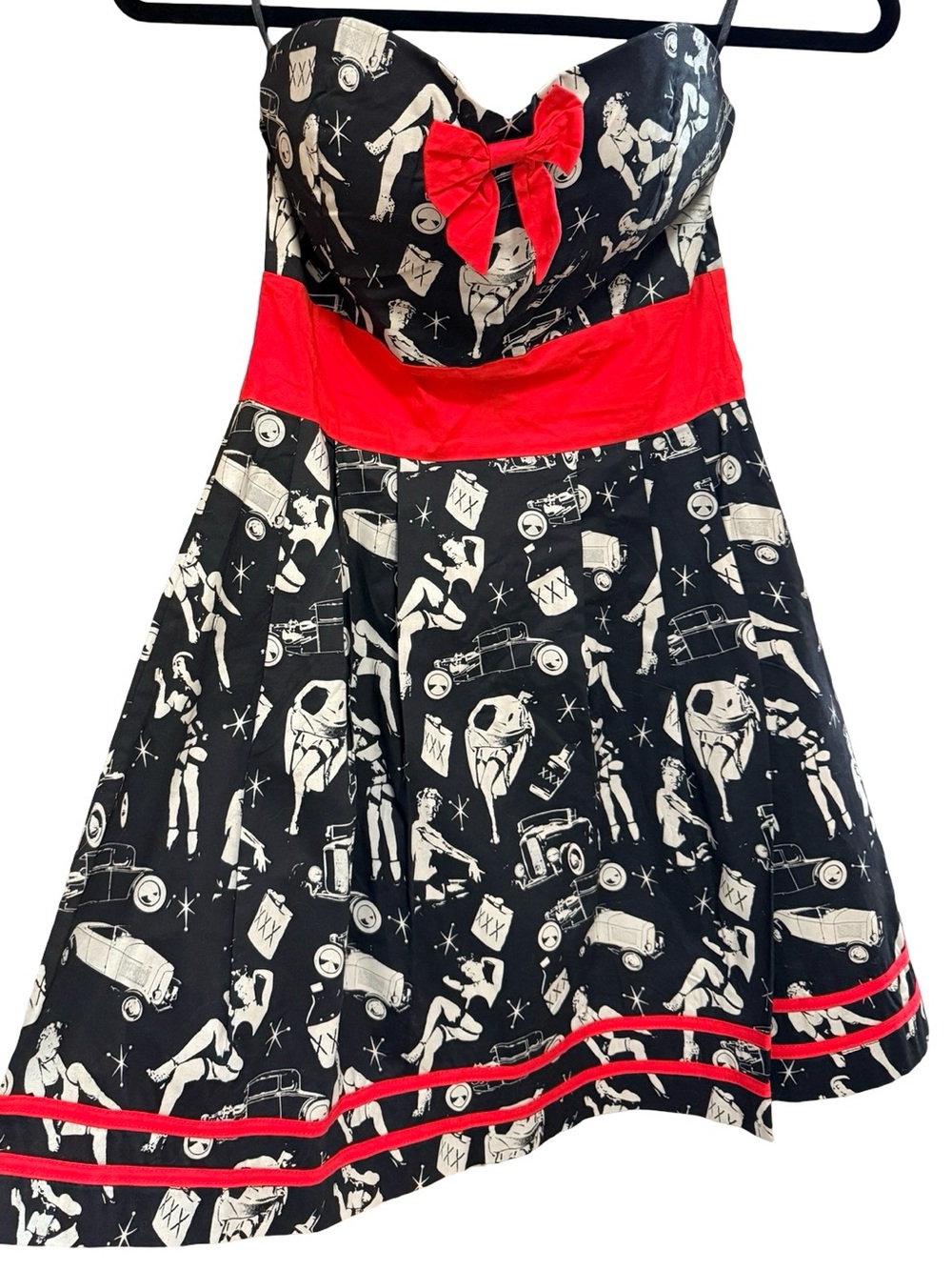 Sourpuss Black and Red Pinup Print Strapless Mini Dress